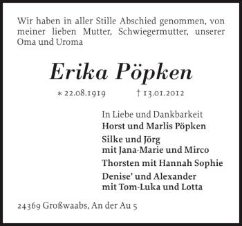 Traueranzeige von Erika Pöpken von Eckernförder Zeitung