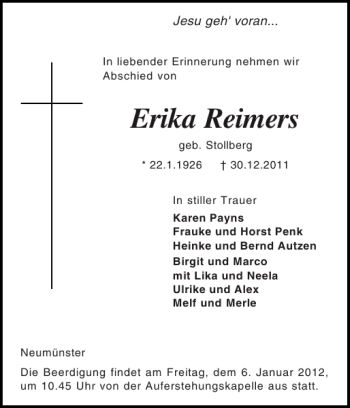 Traueranzeige von Erika Reimers von Holsteinischer Courier