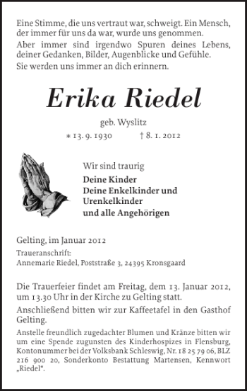 Traueranzeige von Erika Riedel von Flensburger Tageblatt