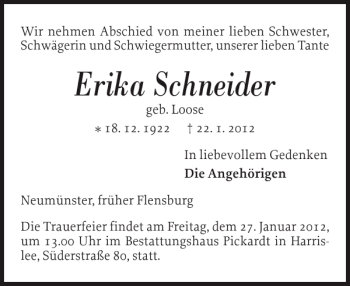 Traueranzeige von Erika Schneider von Flensburger Tageblatt