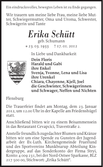 Traueranzeige von Erika Schütt von Flensburger Tageblatt