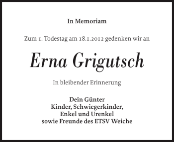 Traueranzeige von Erna Grigutsch von Flensburger Tageblatt
