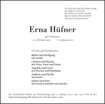 Traueranzeige von Erna Hüfner von Elmshorner Nachrichten