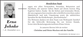 Traueranzeige von Erna Jahnke von Holsteinischer Courier