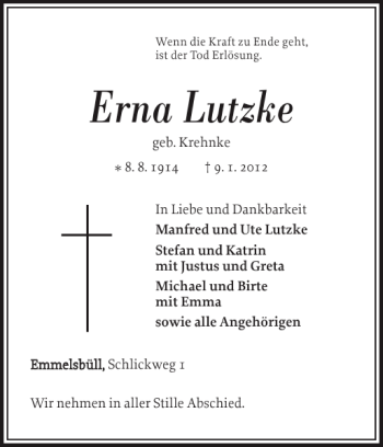 Traueranzeige von Erna Lutzke von Nordfriesland Tageblatt