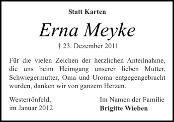 Traueranzeige von Erna Meyke von Landeszeitung