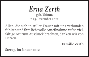 Traueranzeige von Erna Zerth von Flensburger Tageblatt