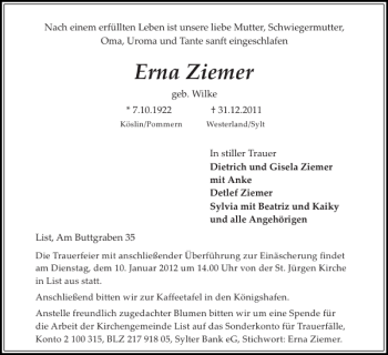 Traueranzeige von Erna Ziemer von Sylter Rundschau