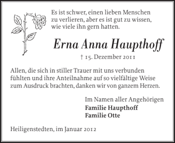 Traueranzeige von Erna Anna Haupthoff von Norddeutsche Rundschau