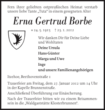 Traueranzeige von Erna Gertrud Borbe von Norddeutsche Rundschau