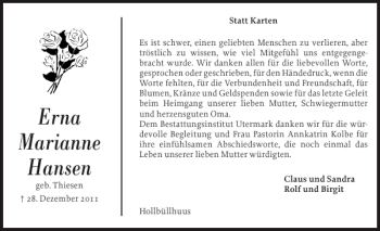 Traueranzeige von Erna Marianne Hansen von Husumer Nachrichten