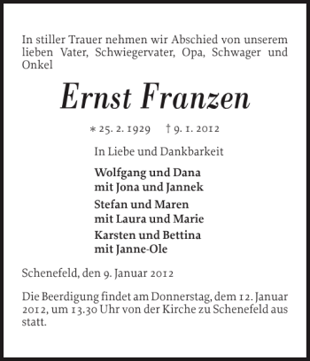 Traueranzeige von Ernst Franzen von Norddeutsche Rundschau