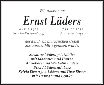 Traueranzeige von Ernst Lüders von Husumer Nachrichten
