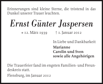Traueranzeige von Ernst Günter Jaspersen von Flensburger Tageblatt