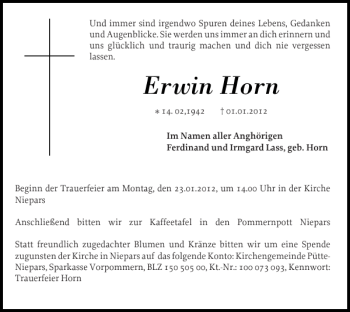Traueranzeige von Erwin Horn von Schleswiger Nachrichten