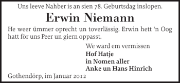 Traueranzeige von Erwin Niemann von Ostholsteiner Anzeiger