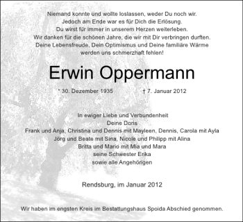 Traueranzeige von Erwin Oppermann von Landeszeitung