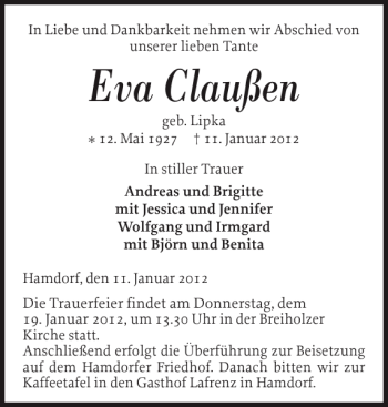 Traueranzeige von Eva Claußen von Landeszeitung