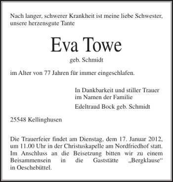 Traueranzeige von Eva Towe von Norddeutsche Rundschau