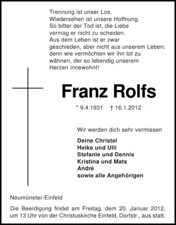 Traueranzeige von Franz Rolfs von Holsteinischer Courier