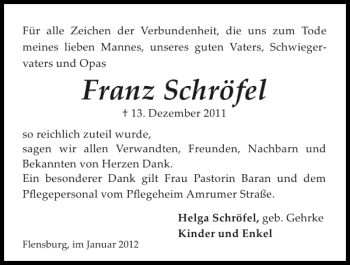 Traueranzeige von Franz Schröfel von Flensburger Tageblatt