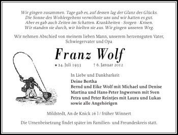 Traueranzeige von Franz Wolf von Husumer Nachrichten