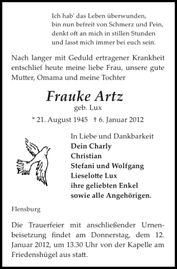 Traueranzeige von Frauke Artz von Flensburger Tageblatt