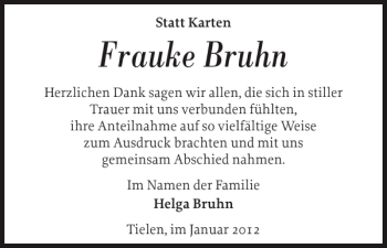 Traueranzeige von Frauke Bruhn von Landeszeitung