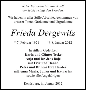 Traueranzeige von Frieda Dergewitz von Landeszeitung
