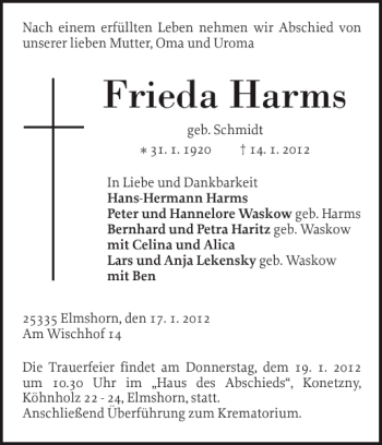 Traueranzeige von Frieda Harms von Elmshorner Nachrichten