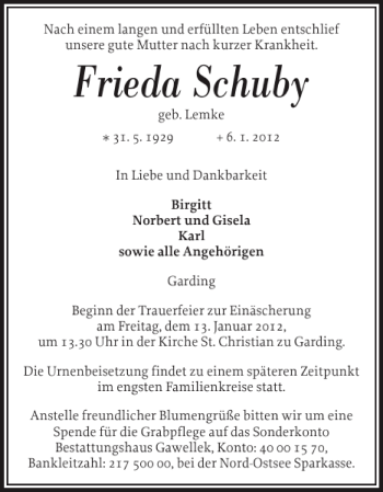 Traueranzeige von Frieda Schuby von Husumer Nachrichten