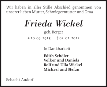 Traueranzeige von Frieda Wickel von Landeszeitung