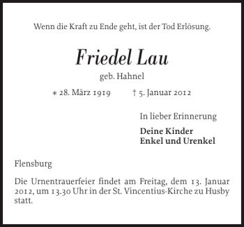Traueranzeige von Friedel Lau von Flensburger Tageblatt