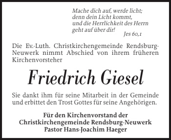 Traueranzeige von Friedrich Giesel von Landeszeitung