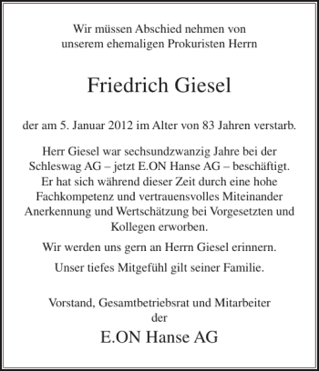 Traueranzeige von Friedrich Giesel von Landeszeitung