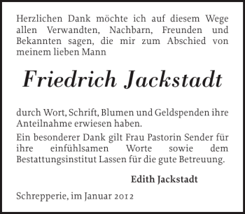 Traueranzeige von Friedrich Jackstadt von Flensburger Tageblatt