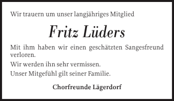 Traueranzeige von Fritz Lüders von Norddeutsche Rundschau