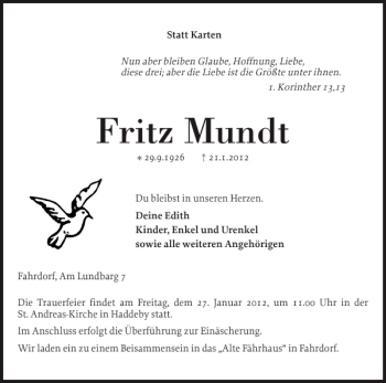 Traueranzeige von Fritz Mundt von Schleswiger Nachrichten