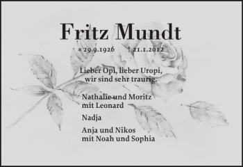 Traueranzeige von Fritz Mundt von Schleswiger Nachrichten
