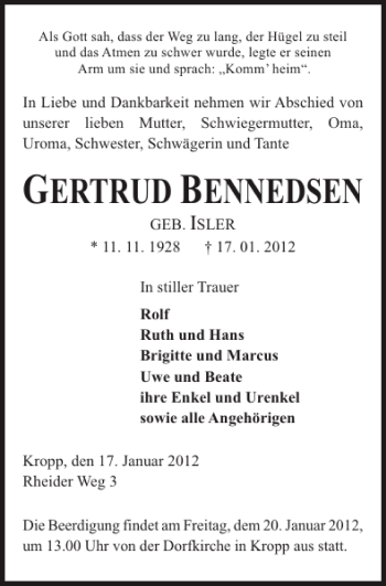 Traueranzeige von GERTRUD BENNEDSEN von Landeszeitung