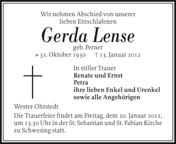 Traueranzeige von Gerda Lense von Husumer Nachrichten