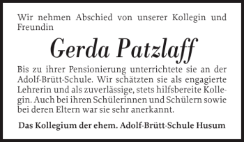 Traueranzeige von Gerda Patzlaff von Husumer Nachrichten
