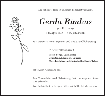 Traueranzeige von Gerda Rimkus von Eckernförder Zeitung