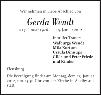 Traueranzeige von Gerda Wendt von Flensburger Tageblatt