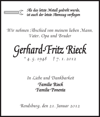 Traueranzeige von Gerhard-Fritz Rieck von Landeszeitung