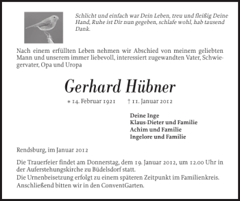 Traueranzeige von Gerhard Hübner von Landeszeitung