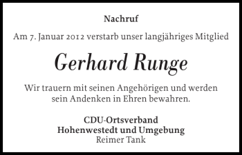 Traueranzeige von Gerhard Runge von Landeszeitung