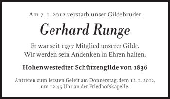 Traueranzeige von Gerhard Runge von Landeszeitung
