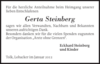 Traueranzeige von Gerta Steinberg von Schleswiger Nachrichten