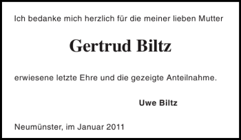 Traueranzeige von Gertrud Biltz von Holsteinischer Courier